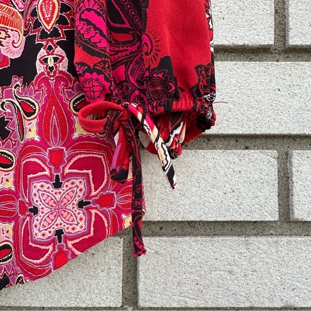 Chico’s Red Patchwork Paisley Peasant Blouse Split Neck Boho Scarf Print Top XL - Picture 6 of 14